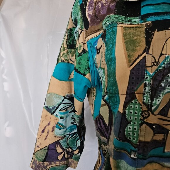 Kaktus Abstract Art Print Button Jacket – Picasso Style Faces – Multicolor - Picture 5 of 9